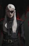  1boy a_song_of_ice_and_fire aemond_targaryen alexineskiba artist_name belt black_jacket closed_mouth evil_smile eyepatch highres house_of_the_dragon jacket lips long_hair long_sleeves looking_at_viewer purple_eyes scar scar_on_face smile solo upper_body white_hair 