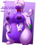  &lt;3 2022 absurd_res amelia_(galv3z) anthro areola belly big_belly big_breasts blush bow_tie breasts clothing cute_eyes digital_media_(artwork) dragon female fondling galv3z_(artist) generation_6_pokemon genitals gesture gloves goodra green_eyes hands_on_stomach handwear hi_res huge_thighs nintendo nipples not_furry nude overweight overweight_female pokemon pokemon_(species) purple_areola purple_body purple_nipples pussy red_bow_tie simple_background slime solo spanish_text text thick_tail thick_thighs video_games 