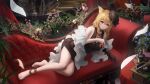  1girl absurdres animal_ear_fluff animal_ears arknights bangs bare_shoulders barefoot black_dress black_headwear blonde_hair bottle breasts cleavage closed_mouth couch cup dress drink drinking_glass feet hair_between_eyes highres holding holding_cup indoors instrument legs ling_dianxia long_hair looking_at_viewer lying official_alternate_costume on_couch on_side phonographh photoshop_(medium) piano plant red_eyes shawl sheet_music smile solo sora_(arknights) sora_(melodiosa)_(arknights) tilted_headwear toes wolf_ears 