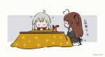  2girls ahoge assault_lily black_scrunchie black_skirt brown_hair chibi closed_eyes cropped_jacket cup_ramen frilled_skirt frills grey_background grey_hair hair_ornament hair_scrunchie hanten_(clothes) heart heart_ahoge highres kabayaki_(kabayaki_eel) kanabako_misora kotatsu long_hair long_sleeves looking_at_another miniskirt motion_lines multiple_girls neck_ribbon no_mouth no_shoes one_side_up pantyhose parted_lips profile ribbon school_uniform scrunchie seiza shirt sitting skirt sleeping sleeping_upright solid_oval_eyes table takasuga_tsukushi translated twitter_username two-tone_background under_kotatsu under_table white_background white_pantyhose white_shirt yurigaoka_girls_academy_school_uniform 