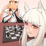  2girls animal_ears arknights armor bangs bishop_(chess) blemishine_(arknights) blonde_hair chess_piece chessboard closed_mouth eating_the_chess_pieces_(meme) from_behind gauntlets highres horse_ears horse_girl king_(chess) kirie_kyrye knight_(chess) long_hair looking_at_viewer looking_back meme multiple_girls pauldrons pawn_(chess) platinum_(arknights) shoulder_armor sidelocks smug twitter_username upper_body v-shaped_eyebrows white_hair 