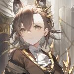  1girl absurdres animal_ear_fluff animal_ears arknights ascot bangs brown_eyes brown_hair chain closed_mouth earrings extra_ears gold_chain goudaimu hair_ornament highres jewelry looking_at_viewer penance_(arknights) pillar short_hair smile solo upper_body white_ascot wolf_ears 