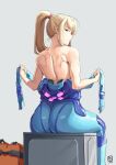  1girl automatic_giraffe back biceps blonde_hair blue_bodysuit bodysuit from_behind grey_background highres looking_at_viewer looking_back median_furrow metroid muscular muscular_female ponytail samus_aran simple_background sitting solo topless undressing zero_suit 