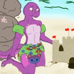  absurd_res animate_inanimate anthro asterozoan beach diaper dinosaur echinoderm flag_(object) happy hi_res infantilism inflatable living_inflatable male marine pattern_diaper pool_toy reptile rock sand_castle scalie sculpture seaside skitterskunk smile solo starfish theropod tyrannosaurid tyrannosaurus tyrannosaurus_rex water water_wings zoran 