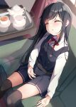 1girl asashio_(kancolle) asashio_kai_ni_(kancolle) black_dress black_hair black_thighhighs closed_eyes collared_shirt commentary_request couch cup dress dress_shirt feet_out_of_frame from_above highres kantai_collection long_hair long_sleeves neck_ribbon numao178 pinafore_dress red_ribbon ribbon shirt sitting sleeping solo tea_set teacup teapot thighhighs white_shirt 