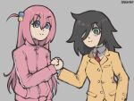  arekkusudesu bags_under_eyes black_hair blue_eyes bocchi_the_rock! green_eyes handshake highres hitori_bocchi kuroki_tomoko meme non-web_source pants pink_hair track_pants track_suit watashi_ga_motenai_no_wa_dou_kangaetemo_omaera_ga_warui! 