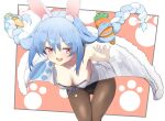  1girl :d animal_ear_fluff animal_ears bangs bare_arms bare_shoulders bent_over black_leotard blue_hair blush bow braid breasts brown_pantyhose carrot_hair_ornament commentary_request dress food-themed_hair_ornament fur-trimmed_dress fur_trim hair_between_eyes hair_bow hair_ornament hololive leotard long_hair looking_at_viewer medium_breasts multicolored_hair noa_(nagareboshi) outstretched_arms pantyhose purple_eyes rabbit_ears short_eyebrows smile solo strapless strapless_dress strapless_leotard teeth thick_eyebrows twin_braids twintails two-tone_hair upper_teeth usada_pekora very_long_hair virtual_youtuber white_bow white_dress white_hair 