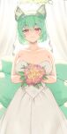  1girl absurdres animal_ear_fluff animal_ears bangs bare_arms bare_shoulders blush bouquet breasts bridal_veil closed_mouth collarbone commission curtains dress flower fox_ears fox_girl fox_tail green_hair hairband highres holding holding_bouquet large_breasts multiple_tails original pink_flower pink_rose red_eyes rose short_hair smile solo strapless strapless_dress tail thick_eyebrows twin_(tt_lsh) veil wedding_dress white_dress white_hairband 