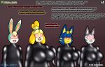  al_gx animal_crossing ankha_(animal_crossing) anthro big_breasts breasts canid canine canis clothed clothing comic domestic_cat domestic_dog drone english_text felid feline felis female fur girly green_body grey_body group hi_res hypnosis isabelle_(animal_crossing) lagomorph latex leporid lolly_(animal_crossing) male mammal mind_control nintendo rabbit rubber rubber_clothing rubber_suit sasha_(animal_crossing) shih_tzu simple_background spiral spiral_eyes tech_control text toy_dog video_games yellow_body yellow_fur 