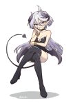  1girl ahoge artist_name bracelet choker crossed_legs demon_girl demon_horns demon_tail demon_wings floating gundam gundam_suisei_no_majo hand_on_own_face heebee high_heels horns jewelry leotard licking_lips low_wings miorine_rembran pointy_ears purple_eyes shadow simple_background smile solo tail thighhighs tongue tongue_out white_background white_hair wings 