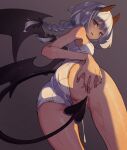  1girl :d absurdres ass bare_arms bare_shoulders black_wings blush braid clothing_aside competition_school_swimsuit covering covering_crotch cum cum_in_pussy demon_girl demon_horns demon_tail demon_wings fang from_behind from_below grey_hair highres horns leaning_forward light_particles long_hair looking_at_viewer looking_back looking_down one-piece_swimsuit open_mouth original red_eyes school_swimsuit smile solo standing swimsuit swimsuit_aside tail tail_censor twin_braids ushiki_yoshitaka white_one-piece_swimsuit wings 