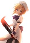  1girl absurdres back_bow bangs black_thighhighs blonde_hair blood blood_on_clothes blood_on_hands blood_on_weapon blood_splatter blue_eyes bow bowtie crying dress front_slit hair_between_eyes highres higurashi_no_naku_koro_ni holding holding_weapon looking_at_viewer medium_hair nami_(snow) open_mouth purple_bow purple_bowtie ryuuguu_rena shiny shiny_clothes shiny_legwear short_sleeves simple_background solo standing tears thighhighs weapon white_background white_dress 