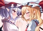  2girls absurdres blonde_hair blush closed_eyes flandre_scarlet food from_side hat hat_ribbon highres mob_cap multiple_girls one_side_up pocky pocky_kiss pointy_ears purple_hair red_eyes red_ribbon remilia_scarlet ribbon s_vileblood short_hair siblings simple_background sisters touhou upper_body white_background white_headwear yuri 