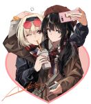  2girls bag bangs black_coat black_hair black_hairband blonde_hair blush brown_coat cellphone coat drink drinking eyewear_on_head hairband hand_on_another&#039;s_head heart highres holding holding_phone inoue_takina long_hair lycoris_recoil messenger_bag multiple_girls neko_(yanshoujie) nishikigi_chisato one_eye_closed open_clothes open_coat owl_print phone plaid plaid_scarf purple_eyes red-tinted_eyewear red_eyes scarf scrunchie selfie shared_clothes shared_scarf short_hair shoulder_bag signature smartphone smile sunglasses sweater tinted_eyewear twintails white_background wrist_scrunchie 