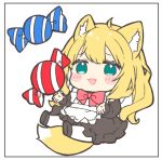 1girl ahoge animal_ear_fluff animal_ears apron bangs black_dress black_footwear blonde_hair blush_stickers bow candy chibi colored_inner_hair dress fangs food fox_ears fox_girl fox_tail fuwafuwa-chan_(kamiyoshi_rika) kamiyoshi_rika long_hair maid maid_apron multicolored_hair open_hands open_mouth original red_bow simple_background sitting smile solo tail thighhighs white_background white_thighhighs 