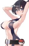  1girl armpits arms_up bangs belt black_hair black_leotard blue_eyes blush breasts cleavage closed_mouth highres kamukamu_(ars) large_breasts leotard looking_at_viewer misty_(pokemon) poke_ball poke_ball_(basic) pokemon:_the_electric_tale_of_pikachu revealing_clothes short_hair simple_background solo white_background 