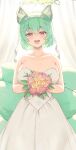  1girl :d absurdres animal_ear_fluff animal_ears bangs bare_arms bare_shoulders blush bouquet breasts bridal_veil collarbone commission curtains dress flower fox_ears fox_girl fox_tail green_hair hairband highres holding holding_bouquet large_breasts multiple_tails open_mouth original pink_flower pink_rose red_eyes rose short_hair smile solo strapless strapless_dress tail thick_eyebrows twin_(tt_lsh) veil wedding_dress white_dress white_hairband 