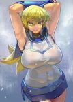  1girl armpit_crease armpits arms_behind_head arms_up bangs bare_shoulders belt blonde_hair blue_belt blue_gloves breasts covered_navel duel_academy_uniform_(yu-gi-oh!_gx) fingerless_gloves gloves hair_between_eyes kazo large_breasts long_hair looking_at_viewer miniskirt open_mouth presenting_armpit skirt sleeveless smile solo tenjouin_asuka yellow_eyes yu-gi-oh! yu-gi-oh!_gx 