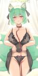  1girl absurdres animal_ears ass_visible_through_thighs bare_arms bare_shoulders black_panties blush breasts cleavage clothes_lift collar collarbone commission cowboy_shot fox_ears fox_girl fox_tail green_hair groin highres large_breasts leash lifted_by_self lingerie looking_at_viewer multiple_tails original panties parted_lips pubic_tattoo red_eyes see-through short_hair smile solo tail tattoo thigh_gap twin_(tt_lsh) underwear underwear_only 