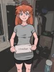  1girl arekkusudesu black_shorts blue_eyes breasts grey_shirt highres long_hair looking_at_viewer medium_breasts meme neon_genesis_evangelion non-web_source red_hair reddit self_upload shirt shorts souryuu_asuka_langley twintails 