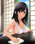  1girl bangs bare_shoulders black_hair blush breast_rest breasts brown_eyes cleaning cleavage collarbone covered_nipples day ichijou_hotaru indoors large_breasts leaning_forward long_hair non_non_biyori nonaka_ritsu open_door reflection shirt sliding_doors solo table tank_top white_shirt 