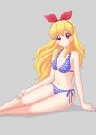  1girl aikatsu! aikatsu!_(series) bangs bare_arms bare_legs bikini blonde_hair blue_bikini blush bow bow_hairband breasts cleavage closed_mouth collarbone grey_background hair_between_eyes hair_bow hairband highres hoshimiya_ichigo long_hair looking_at_viewer nail_polish navel piyotori polka_dot polka_dot_bikini purple_nails red_bow red_eyes red_hairband shiny shiny_hair side-tie_bikini_bottom simple_background sitting small_breasts smile solo swimsuit very_long_hair 