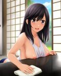  1girl :d bangs bare_shoulders between_breasts black_hair blush breast_rest breasts brown_eyes cleaning cleavage clothes_between_breasts collarbone day ichijou_hotaru indoors large_breasts leaning_forward long_hair nipple_slip nipples non_non_biyori nonaka_ritsu open_door open_mouth reflection shirt sliding_doors smile solo table tank_top white_shirt 