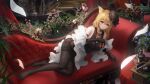  1girl absurdres animal_ear_fluff animal_ears arknights bangs bare_shoulders black_dress black_gloves black_headwear black_pantyhose blonde_hair bottle breasts cleavage closed_mouth couch cup dress drink drinking_glass elbow_gloves gloves hair_between_eyes highres holding holding_cup indoors instrument ling_dianxia long_hair looking_at_viewer lying official_alternate_costume on_couch on_side pantyhose phonographh photoshop_(medium) piano plant red_eyes shawl sheet_music smile solo sora_(arknights) sora_(melodiosa)_(arknights) thighband_pantyhose tilted_headwear wolf_ears 