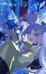  1girl 2boys :d back bare_shoulders blonde_hair blue_eyes blue_gloves blue_hair blue_scarf blue_thighhighs bow-shaped_hair brassius_(pokemon) commentary_request covered_mouth gloves grusha_(pokemon) hair_ornament highres hsin iono_(pokemon) jacket long_hair looking_at_viewer multiple_boys oversized_clothes pencil_skirt pokemon pokemon_(game) pokemon_sv scarf scarf_over_mouth sharp_teeth skirt sleeves_past_fingers sleeves_past_wrists smile standing star_(symbol) star_in_eye symbol_in_eye teeth thigh_strap thighhighs upper_teeth yellow_jacket 