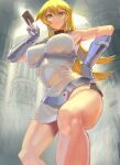  1girl arm_up ass bangs bare_shoulders belt blonde_hair blue_belt blue_gloves blue_skirt breasts card closed_mouth covered_navel duel_academy_uniform_(yu-gi-oh!_gx) from_below gloves hair_between_eyes hand_on_own_thigh holding holding_card kazo large_breasts long_hair looking_at_viewer miniskirt skirt sleeveless smile solo standing tenjouin_asuka thighs yellow_eyes yu-gi-oh! yu-gi-oh!_gx 