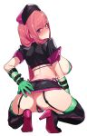  1girl ass back bikini blush boots breasts closed_mouth crotch fate/grand_order fate_(series) florence_nightingale_(fate) florence_nightingale_(trick_or_treatment)_(fate) from_behind gloves green_bikini green_gloves green_thighhighs hat high_heel_boots high_heels highres large_breasts layered_bikini long_hair looking_at_viewer looking_back microskirt miniskirt nurse_cap official_alternate_costume pink_hair revealing_clothes rubber_gloves shrug_(clothing) side-tie_skirt simple_background skirt solo squatting_cowgirl_position suisogenshi swimsuit thigh_boots thighhighs thighhighs_under_boots 