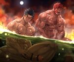  2boys abs bar_censor bara beard bellsaltr black_hair blurry blurry_background blush censored completely_nude erection facial_hair fang hairy highres huge_penis large_pectorals light_particles male_focus manly mature_male moon multiple_boys muscular muscular_male night night_sky nipples nude onsen open_mouth original pectorals penis scar see-through short_hair sitting sky slit_pupils smile spiked_hair teeth thick_arms thick_eyebrows thick_thighs thighs water wet yaoi yellow_eyes 