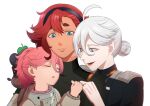  3girls absurdres ahoge bangs black_hairband blue_eyes blush green_eyes grey_eyes grey_hair gundam gundam_suisei_no_majo hairband highres if_they_mated jewelry long_hair low_ponytail military military_uniform miorine_rembran mother_and_daughter multiple_girls pink_hair red_hair ring scar scrambledeggs123 suletta_mercury thick_eyebrows uniform wedding_ring white_hair wife_and_wife yuri 