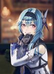  1girl :d absurdres arm_support bangs bar_(place) black_gloves blue_hair blurry commentary_request depth_of_field eula_(genshin_impact) from_side genshin_impact gloves grey_eyes hair_between_eyes hair_ornament hairband head_rest highres ki-16 long_sleeves looking_at_viewer looking_to_the_side medium_hair necktie sidelocks smile solo 