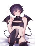  1boy artist_request black_gloves black_nails black_panties black_thighhighs blush bulge chest_cutout come_hither demon_horns demon_tail demon_wings ear_piercing earrings english_commentary fingerless_gloves gloves heart highres horns indie_virtual_youtuber jewelry male_focus on_bed one_eye_closed panties piercing purple_eyes purple_hair shirt short_hair shoto_(vtuber) sleeveless sleeveless_shirt stud_earrings tail thighhighs tongue tongue_out twitter_username underwear white_background wings 