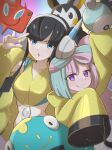  2girls :o bangs bellibolt black_hair blue_eyes blunt_bangs commentary_request elesa_(pokemon) emolga eyelashes grin hand_up headphones iono_(pokemon) jacket long_hair looking_at_viewer mizuiro123 multiple_girls pokemon pokemon_(creature) pokemon_(game) pokemon_bw2 pokemon_sv purple_eyes rotom rotom_phone shirt sidelocks sleeveless sleeveless_shirt sleeves_past_fingers sleeves_past_wrists smile teeth w yellow_jacket yellow_shirt 