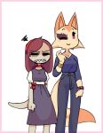  age_difference angry anne_(nekuzx) anthro blouse blush bottomwear bracelet canid canine clothing dress duo female fox gecko genesis_(nekuzx) grumpy hair jewelry lizard long_hair mammal nekuzx pants red_hair reptile ribbons scalie scar_over_eye sharp_teeth simple_background teeth topwear 