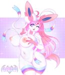  2022 5_fingers absurd_res anthro areola big_breasts black_nose breasts clothing digital_media_(artwork) eeveelution fangs female fingers fur generation_6_pokemon genitals hair hi_res kitsuumi legwear long_hair looking_at_viewer navel nintendo nipples one_eye_closed open_mouth pokemon pokemon_(species) pussy solo sylveon video_games 