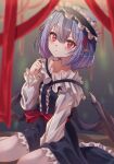  1girl bat_wings between_legs black_dress closed_mouth dress full_body hand_between_legs highres katsukare long_sleeves looking_at_viewer maid pointy_ears purple_hair red_eyes remilia_scarlet short_hair sitting smile solo touhou wings 