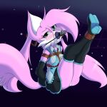  1:1 2018 anthro arms_behind bdsm black_nose bondage boots bound boundlightning canid canine canis clothing cosplay digital_media_(artwork) female footwear fur green_eyes hatsune_miku hi_res jasmine_(boundlightning) knee_boots knee_highs legs_up legwear mammal microphone necktie object_gag object_in_mouth panties purple_body purple_fur purple_tail restraints rope rope_bondage sitting solo underwear vocaloid white_inner_ear wolf 
