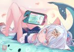  bangs blue_eyes blue_hair blunt_bangs fish_tail game_console gawr_gura grey_hair handheld_game_console holding holding_handheld_game_console hololive hololive_english medium_hair multicolored_hair nekomimipunks nintendo nintendo_switch playing_games shark_girl shark_tail streaked_hair tail two_side_up virtual_youtuber 