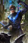  1boy batman_(series) black_bodysuit black_hair blue_bodysuit bodysuit building club_(weapon) comic_cover commentary cover_image dc_comics dcwj dick_grayson domino_mask english_commentary facing_viewer highres holding holding_weapon looking_at_viewer male_focus mask muscular muscular_male night nightwing official_art rain realistic scar scar_on_face short_hair skyscraper solo superhero teeth torn_clothes two-tone_bodysuit weapon 
