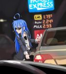  1girl ahoge belt blue_hair car collared_shirt english_commentary food formal gas_station ground_vehicle highres izumi_konata kurokimoko long_hair lucky_star meme mole mole_under_eye motor_vehicle pants pocky self_upload shirt solo sports_bra suit sunglasses 