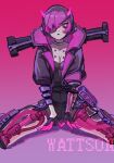  1girl animification apex_legends black_bodysuit black_gloves black_headwear black_jacket bodysuit breasts cable character_name chinese_commentary cleavage collarbone cyber_punked_wattson fingerless_gloves gloves horns jacket mechanical_arms mechanical_legs medium_breasts official_alternate_costume pink_background pink_eyes pink_hair si_yu_anle single_mechanical_arm sitting solo spread_legs straight-on wattson_(apex_legends) 