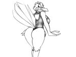  2020 anthro avian avian_feet beak big_breasts black_and_white breasts bulge clothing collar dracojeff feathers gynomorph intersex looking_back monochrome one-piece_swimsuit rear_view simple_background sketch solo swimwear tail_feathers thick_thighs tight_clothing white_background 