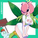  1girl alternate_costume artist_name bangs blush breasts digimon digimon_(creature) digimon_adventure embarrassed flying_sweatdrops gomamon green_background green_eyes highres large_breasts lillymon open_mouth pink_hair red_hair shiny shiny_skin shirt shirt_tug short_sleeves supermondobeat sweatdrop tentacles two-tone_background white_background white_shirt wings 