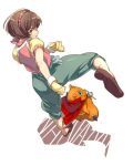  1girl ass blue_eyes brown_eyes brown_hair closed_mouth echo_(circa) full_body gensou_suikoden gensou_suikoden_ii gloves hairband headband looking_at_viewer nanami_(suikoden) pants shirt short_hair simple_background smile white_background 