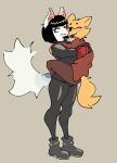  anthro big_dom_small_sub black_clothing blazer bored_expression canid canine clothed clothing cute_expression dominant duo embrace eyes_closed fox fur good_boy hi_res hug jun_jun_(character) lips lycalopex male male/male mammal orange_body orange_fur pampas_fox raven_rosevelt_(character) red_eyes size_difference tall tongue tongue_out white_body white_fur 