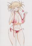  1girl agi_(gi60423540) bikini blonde_hair boku_no_hero_academia breasts cleavage colored_pencil_(medium) condom double_bun front-tie_bikini_top front-tie_top hair_bun heart highres holding holding_condom large_areolae large_breasts looking_at_viewer lower_teeth navel nipples open_bikini open_clothes open_mouth short_hair side-tie_bikini_bottom signature simple_background solo spoken_heart stomach swimsuit teeth toga_himiko traditional_media upper_teeth wet white_background yellow_eyes 