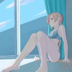  1girl akigumo_(kancolle) barefoot blue_sky bra cloud cloudy_sky curtains green_eyes hair_ornament hair_ribbon kantai_collection kito_3_tyoki-tyoki legs long_hair on_floor panties ponytail ribbon sky solo thighs underwear window 